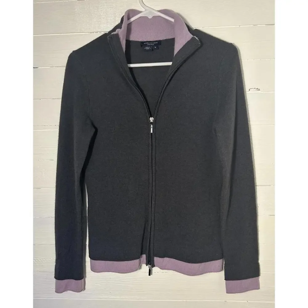 Magaschoni cashmere zip up sweater, gray/light purple, women’s size small.